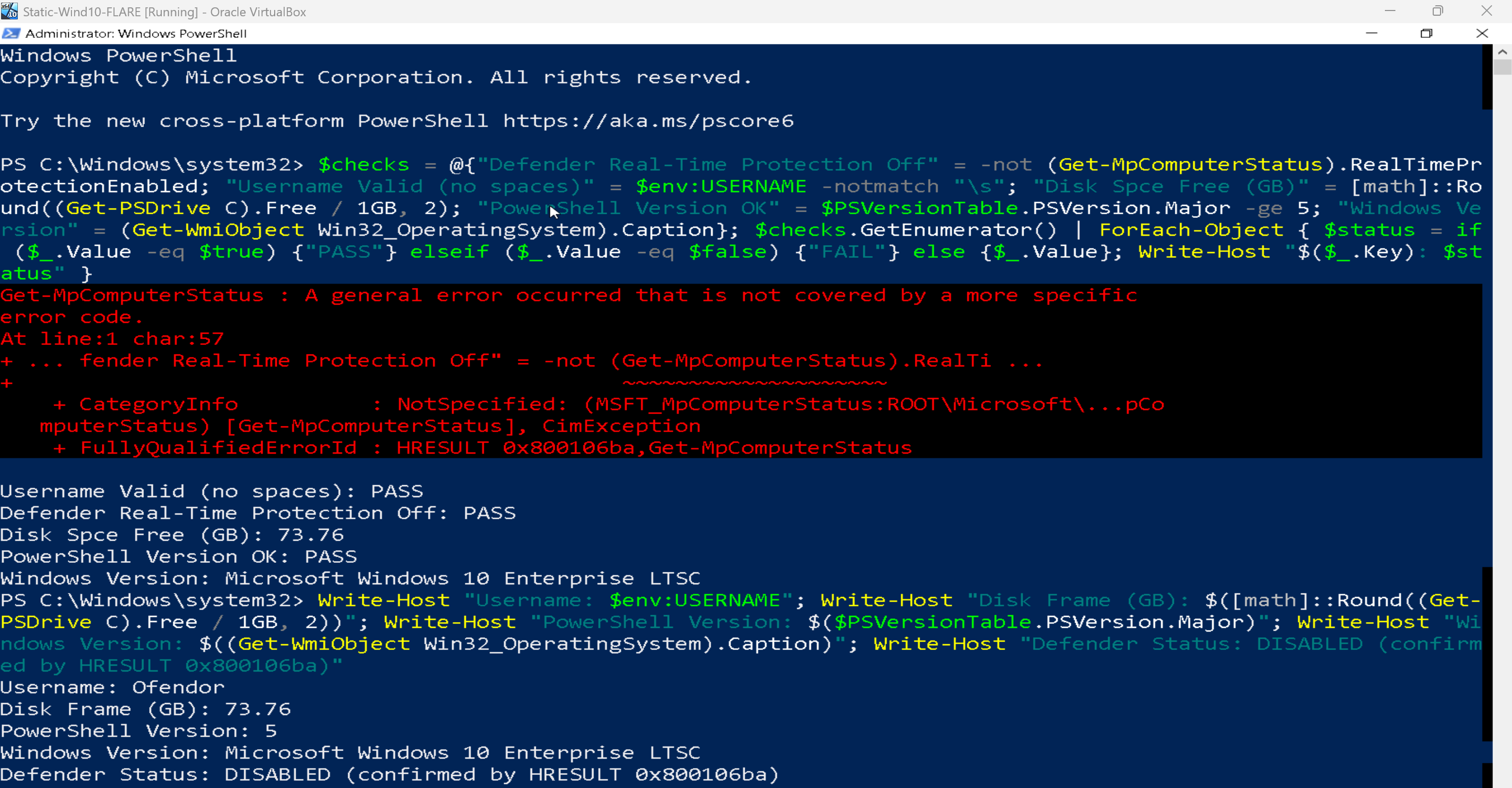 PowerShell pre-installation verification results
