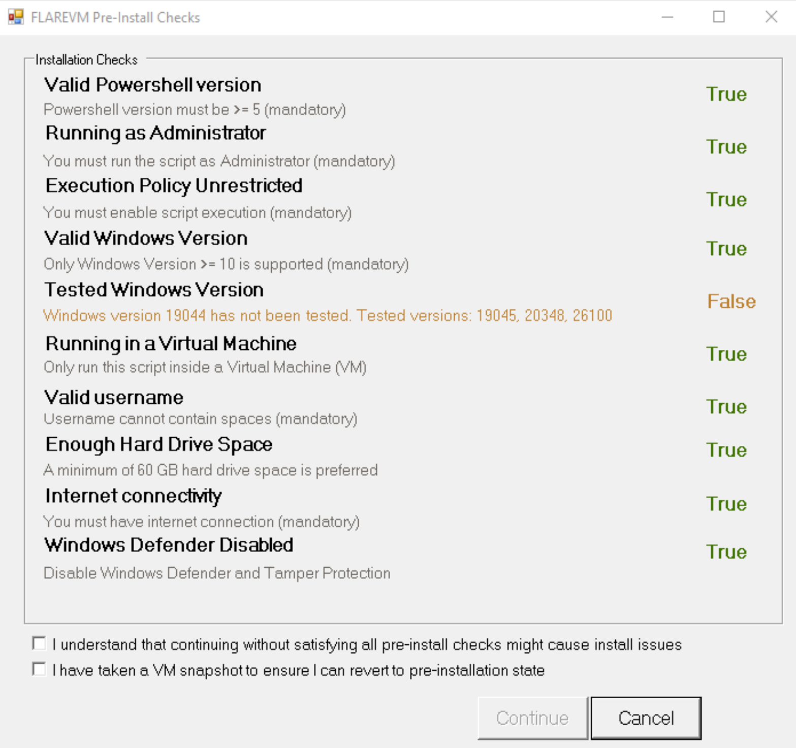 PowerShell pre-installation verification results