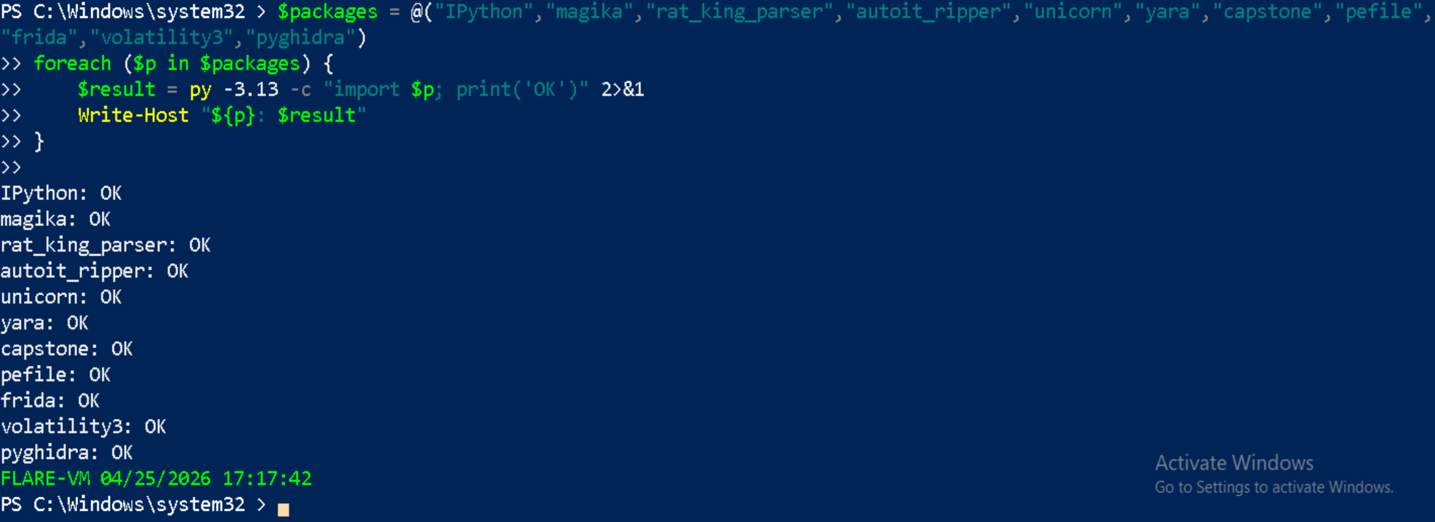 PowerShell pre-installation verification results
